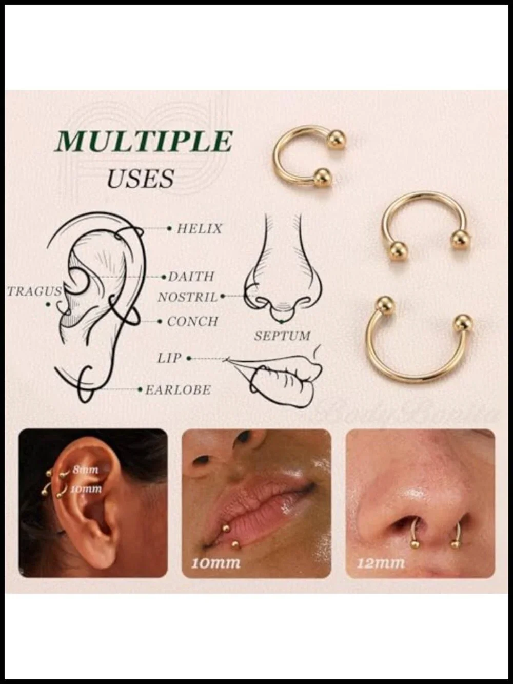G23 Titanium Septum Ring Horseshoe Nose Ring 16G 3 Pack ASTM F136